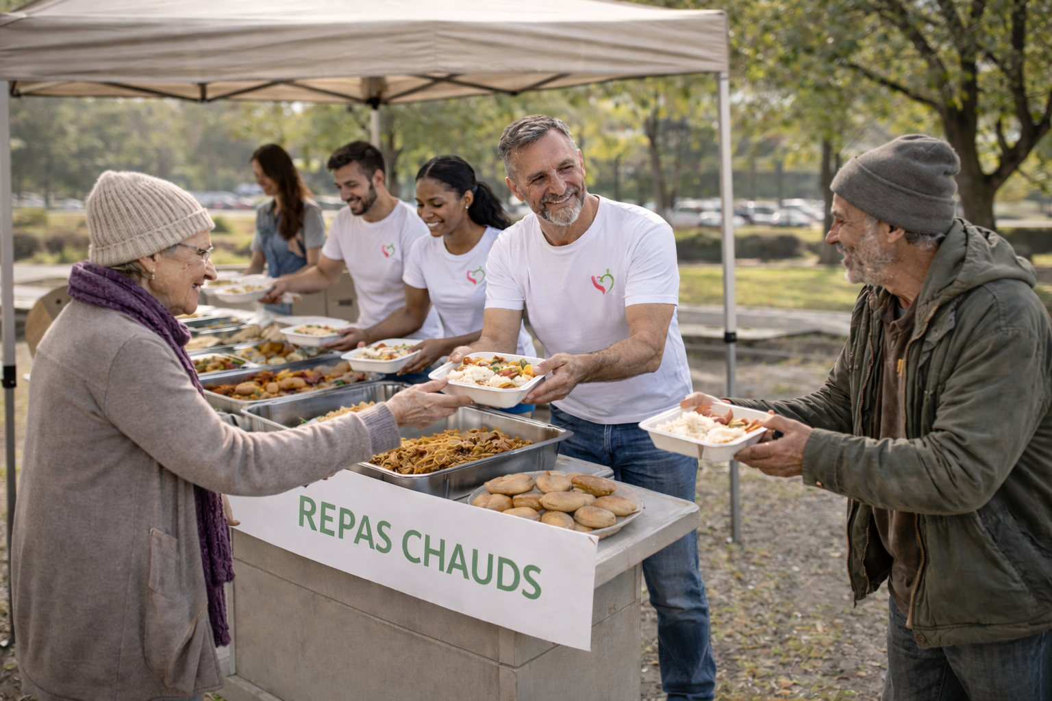 Distribution de repas chauds en plein air